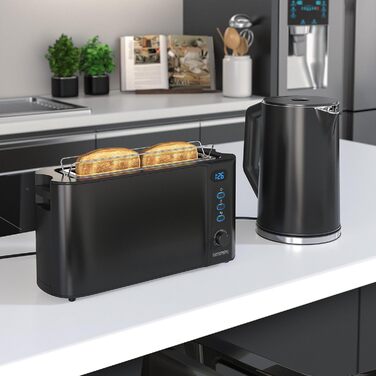 Набір чайник та тостер Arendo з нержавіючої сталі, чорний. Чайник 1.5л, регулювання температури 40-100°C, тостер на 2 тости з LED-дисплеєм, 6 ступенів підсмажування, підставка для булочок.