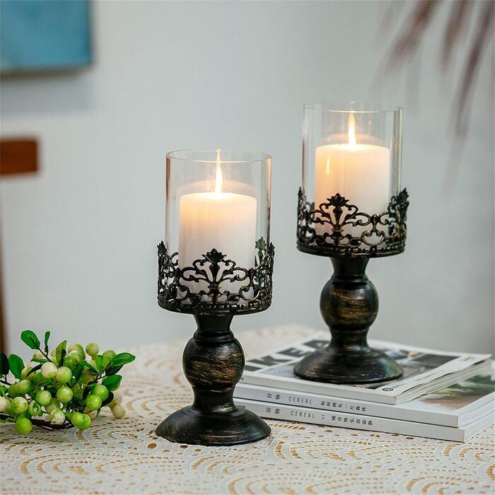 Sziqiqi Candle Holders Set Vintage Distressed Black Hurricane Candle Holders 2 Pieces, for Pillar Candles Wedding Party Home Decoration Fireplace Mantel Decoration 27cm & 33cm (2 Pieces Small, Black)