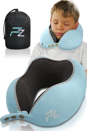 FLOWZOOM Neck Pillow for Children 6 Years and Up - Travel Pillow for Kids Airplane & Car Pillow for Children - Neck Support for Kids Made of Memory Foam with Extra Soft & Washable Cover, Comfy Kids Blue - Size M