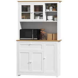 HOMCOM Farmhouse-Style Kitchen Cabinet with 1 Vitrine (Glass-Front Cabinet), 1 Open Shelf, 1 Drawer, and 2 Cabinets, Natural + White
