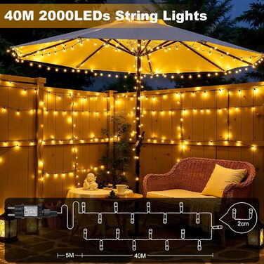 LED гірлянда для декорування приміщень та саду: 20 метрів, 1000 LED, 8 режимів, таймер, вологостійка, тепле світло. Підходить для ялинки, балкону, весілля та створення святкової атмосфери.