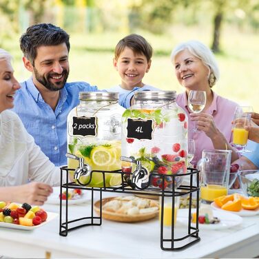 2 x 4L Glass Drink Dispensers with Stand, Drink Dispenser, Glass Water Juice Dispenser with Spout for Iced Juices, Water, Homemade Drinks, Parties, Weddings