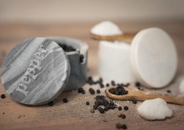 Birsppy Fair Trade Kitchen Utensils Salt and Pepper Shaker Set Marble with Spoon and Lid Salt Pot Stone