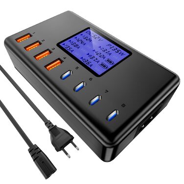 Зарядний пристрій USB-C 152W з LCD дисплеєм, 4x USB-A, 4x USB-C, швидка зарядка для iPhone 16, iPad, Samsung та інших пристроїв - Чорний