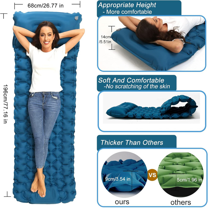 NHOWIN Self-Inflating Camping Mat - 9cm Thick, with Foot Pump & Pillow - Portable Ultralight Sleeping Pad for Hiking & Backpacking