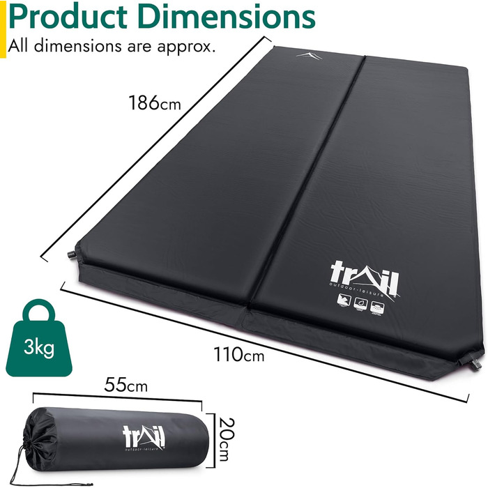 Саморозкладаючий килимок для кемпінгу/матрац для двох осіб 5 см (Чорний)