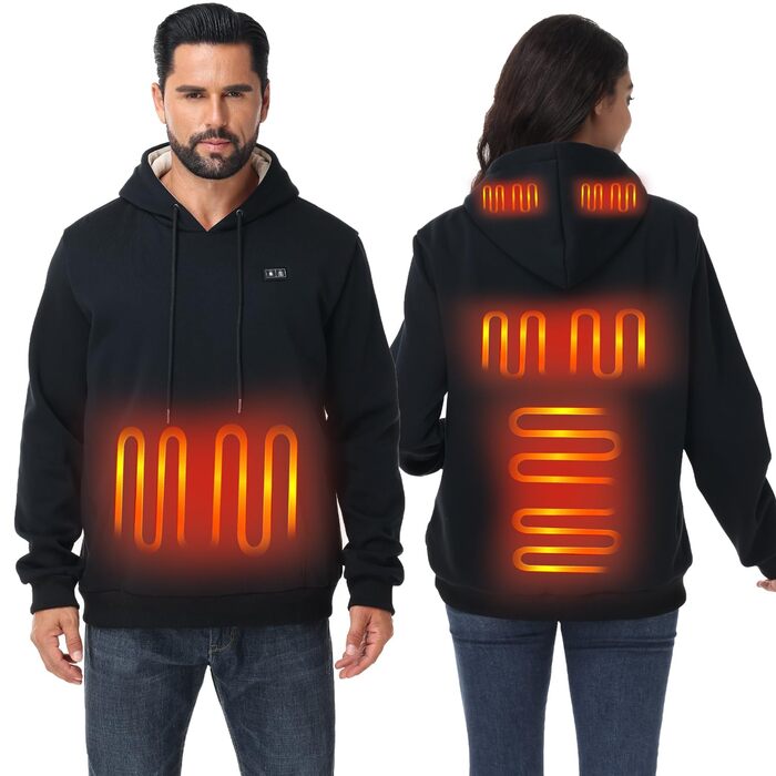 Loowoko Обогреваемый худи унисекс с Power bank 10000 mAh, 3 температурні режими + 6 зон обігріву, пральний, обігріваючий худі для роботи на відкритому повітрі, мотоцикла, прогулянок та вигулу собак, чорний, S