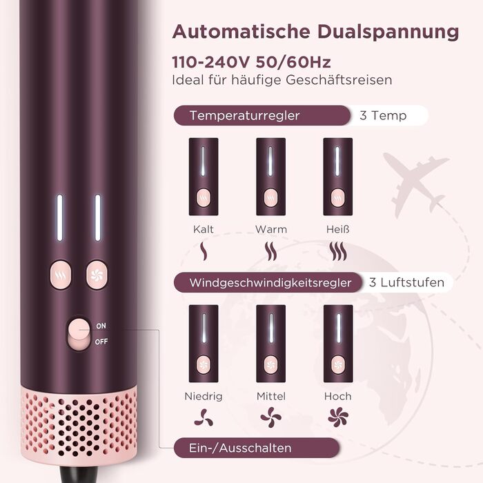 PARWIN PRO BEAUTY MaxAIR 2.0 Multi-Styler Set: 7-в-1 Фен, Плойка, Випрямляч, Щітка для об'єму, 110000 об/хв, Автоматична намотка, Подвійна напруга, Jasper Plum