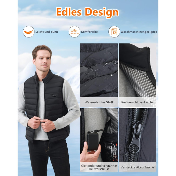 Гріюча жилетка для чоловіків та жінок з акумулятором 10000mAh, 5 зон обігріву, 3 режими температури, подвійне керування, чорна, для зимових активностей