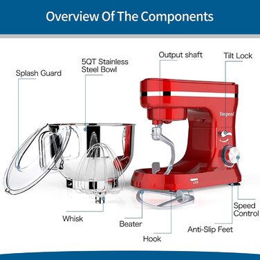 Кухонна машина Vospeed (червона), тістоміс 5QT, 8 швидкостей, чаша з нержавіючої сталі, набір насадок (гак, вінчик, міксер), придатна для мийки в посудомийній машині