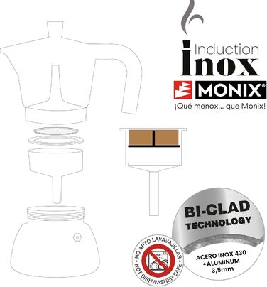 Кавоварка Monix Induction Inox для індукції, алюміній та нержавіюча сталь, 3 чашки, термостійка ручка, підходить для всіх плит, червона