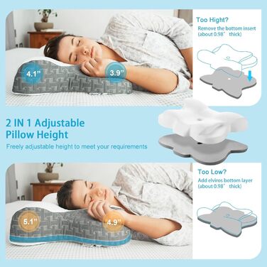 Elviros Orthopedic Memory Foam Pillow, Ergonomic Neck Support Pillow Sleeping Pillow for Neck Pain, Neck Pillow for Side, Back, and Stomach Sleepers, Grey