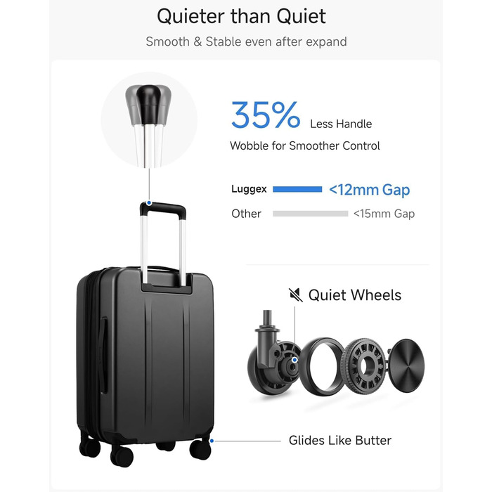 Чемодан-валіза LUGGEX на ручках з відділенням для ноутбука – розширюваний жорсткий валіза з полікарбонату з TSA-замком (Чорний, 56×38×24 см)