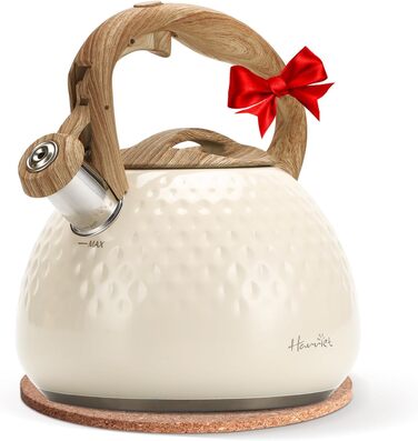 Чайник для плити Harriet Teekessel, 2.5 QT з флейтою, з 5-шаровим дном, з нержавіючої сталі, з термостійкою ручкою, підходить для газових та електричних плит, червоний глянцевий (бежево-білий глянцевий)