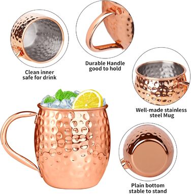 Gift Set] Moscow Mule Mugs Copper 540 ml Set of 6 Copper-Plated Stainless Steel Cups Handmade Copper Mugs with Handle for Chilled Cocktails and Cold Drinks