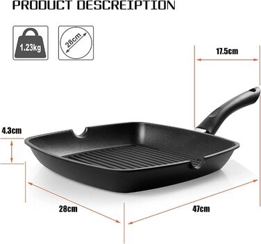 Сковорода гриль 28x28 см з алюмінію з індукційним дном, антипригарна PFOA-free, легка в очищенні