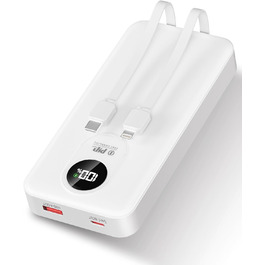 Power Bank 30000mAh з вбудованим кабелем: Швидка зарядка PD 22.5W, зовнішній акумулятор з великою ємністю, 4 виходи та 2 входи