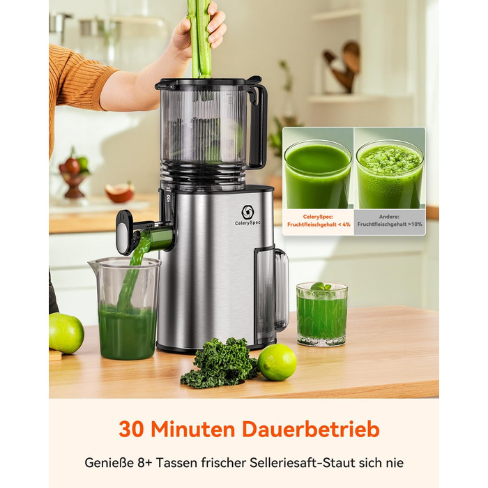 Соковитискач CelerySpec Slow Juicer - переможець тесту, для цілих овочів та фруктів, 130 мм, 1.8л, BPA-free, 250W, з функцією зворотного ходу, нержавіюча сталь, чорний