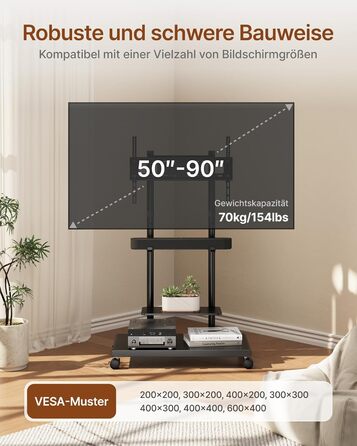 Підставка для телевізора на колесах з кріпленням для саундбару, 50-90 дюймів, до 70 кг, регульована висота та нахил, MAX VESA 600x400 мм