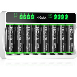 Зарядний пристрій HiQuick для акумуляторів AA з 8 шт. акумуляторів, зарядка для Mignon AA, Micro AA NI-MH/NI-CD, 8 слотів, LCD дисплей + 8 AA акумуляторів
