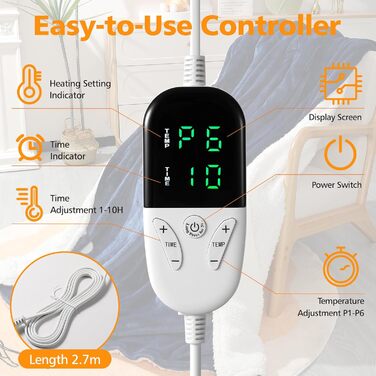 Електрична ковдра OneAmg з таймером та пультом, 155x180 см, 6 режимів нагріву, блакитна