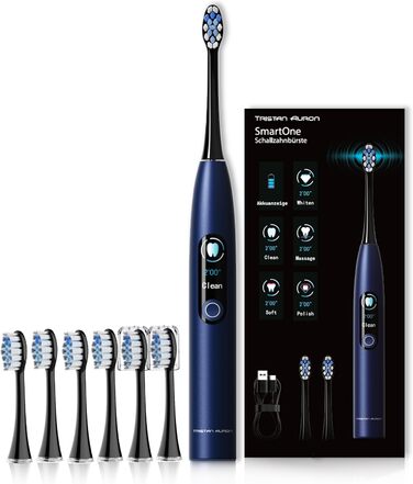 Tristan Auron Electric Sonic Toothbrush - 48,000 Vibrations, 5 Modes, Color Display, USB-C, 6-8 Week Battery, IPX7 Waterproof, 6 Brush Heads + SmartOne Protective Case (Blue) with 4-Pack