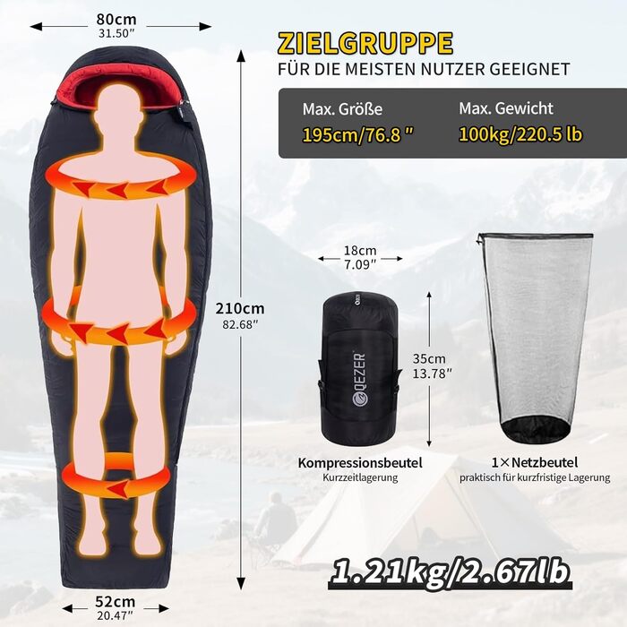 Сплячий мішок для дорослих та дітей, зимовий легкий, 8°C ~ -30°C для кемпінгу та альпінізму, 650 FP гусячий пух (Чорний, 700g пуху)