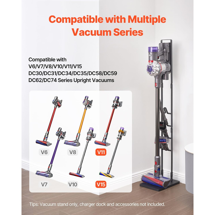 Стійка для бездротового пилососа Dyson V6 V7 V8 V10 V11 V15 з 4 гаками, чорна - VEVOR