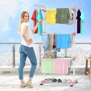 Foldable Stainless Steel Clothes Drying Rack with Wheels, Portable, for Indoor and Outdoor Use, White/Gray (Blue+White)