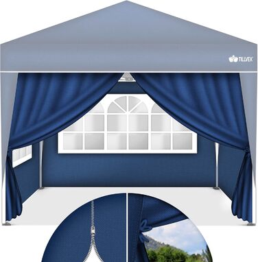 tillvex® for 3x3m Pavilion | Folding Pavilion Side Panels Water-Repellent | Side Windows & Zipper | Side Walls for Garden Tent Party Tent (4x Side Wall, Blue)