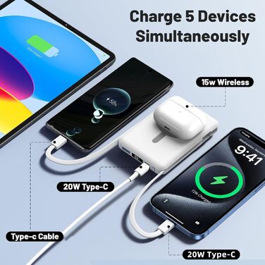 Power Bank Azmuth MagSafe 10000mAh для iPhone з LED дисплеєм, бездротова зарядка, білий