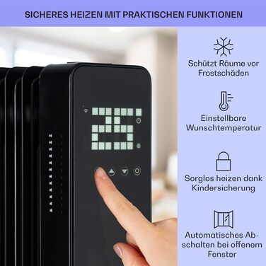 Електричний масляний радіатор Klarstein 2500W з термостатом та Wi-Fi, мобільний, чорний