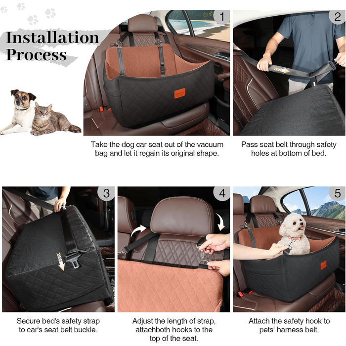 Wooaidagg Dog Car Seat for Medium & Large Dogs - Washable Memory Foam Pet Bed with 2 Leashes (Black/Brown)