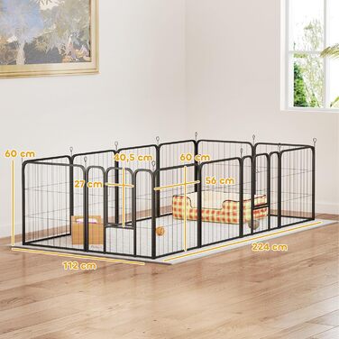 PawHut Забіг для собак, сталевий вольєр з 12 панелей, розкладний, 168 x 168 x 60 см, з 2 дверима, для малих собак, чорний
