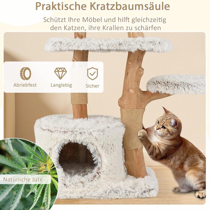 Дерев'яний кігтеточка SOARS для котів з 3 природними стовбурами, ліжком та плюшевими поверхнями, кігтеточка з іграшковим м'ячиком та джутовим мотузком, багатоповерхова, 49 x 59 x 110 см, білий