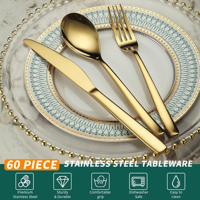 Berglander Gold Wedding Cutlery Set 60pcs Service for 20, Titanium Coated Stainless Steel Cutlery Set, Gold Spoon Fork Knife Set for Home, Wedding, Restaurant, Dishwasher Safe
