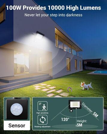 nipify LED прожектор із датчиком руху для вулиці, 2 шт, 30W 3000Лм, IP65, холодне світло 6500K, довгий кабель 100 см, для складу, саду, готелю, двору (100W)