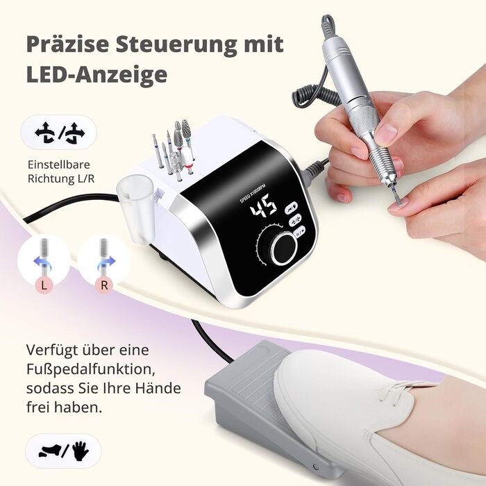 Електричний фрезер для нігтів з педаллю, 45000 об/хв, 45 режимів, LCD дисплей, F/R, для гелю та акрилу