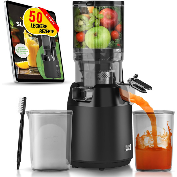 Електричний соковитискач LEBENLANG Slow Juicer з рецептами та великим соковидом 135 мм | Для фруктів, овочів, 100% BPA-Free | Мастикуючий соковитискач