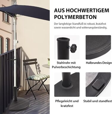 Paramondo Half-Round Umbrella Stand - Weatherproof umbrella stand with mast thickness 35-50 mm, including adapter, balcony stand, 9 kg, black