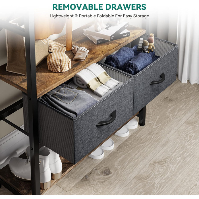YITAHOME Entryway Storage Bench with Shoe Cabinet, Freestanding Mudroom Bench with Bank and 2 Folding Drawers, Industrial Coat Rack with 8 Hooks for Entryway Living Room Bedroom, Metal Frame, Rustic Brown