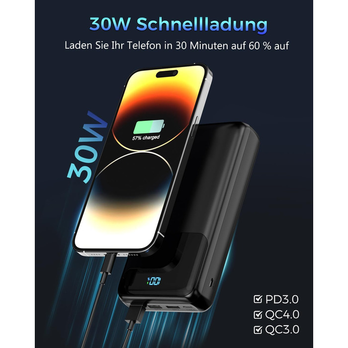 Power Bank 50000mAh з LED дисплеєм, 30W швидка зарядка, USB-C, 4 виходи та 2 входи - для iPhone, Android та планшетів