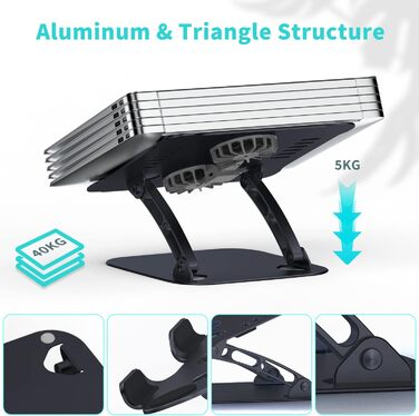 Регульований підставка для ноутбука з RGB вентилятором, алюмінієвий, чорний. Сумісна з MacBook та ноутбуками 10-17'