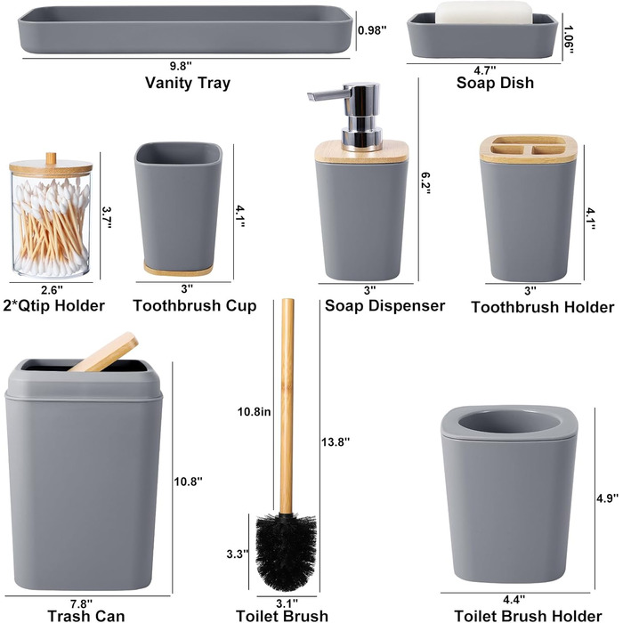 Набір аксесуарів для ванної кімнати, 9 предметів: сміттєвий бак, тримач для зубних щіток, стакан для зубних щіток, диспенсер для мила/лосьйону, полиця для раковини, мильниця, щітка для унітазу, тримач для ватних паличок (сірий, набір для ванної кімнати)