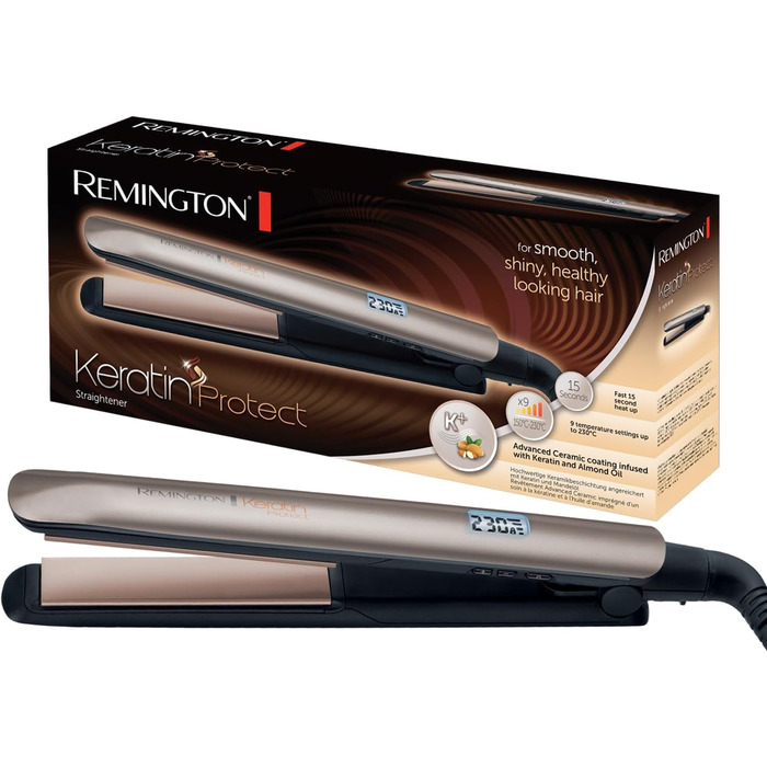 Випрямляч для волосся Remington S8540 Keratin з керамічним покриттям, LCD-дисплей, 10 температурних режимів, чорний, 110 мм