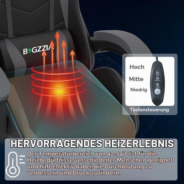 Ігрове крісло Bigzzia Gaming Stuhl з підігрівом, регульована спинка 90-135°, ергономічний геймерський стілець (сірий)