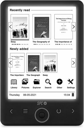 SPC Dickens Light 2 – Електронна книга з підсвічуванням дисплея та 6 рівнями інтенсивності світла, кнопками на передній панелі, місяцем автономної роботи, чорного кольору, 6 дюймів без обкладинки