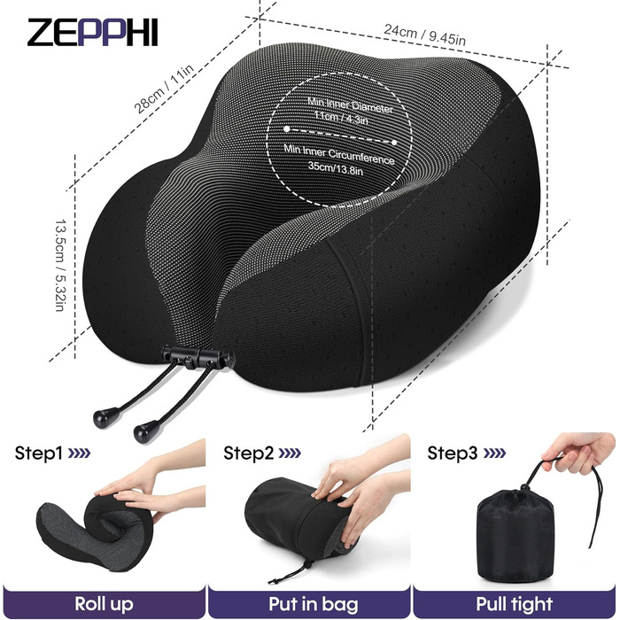 Подушка для шиї у літак - туристична подушка з Memory Foam - зручна подушка-воротник з м'яким дихаючим чохлом - ідеальна для подорожей, офісу, авто, кемпінгу, сну (Чорний)