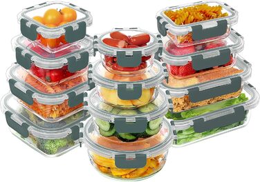 VERONES 24-Piece Crisper Set, Airtight Glass Lunch Boxes, Stackable with Lid, Freezer and Dishwasher Safe, Grey