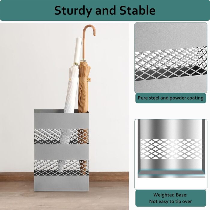 LAND VOI Metal Umbrella Stand - Rectangular, Portable, with Removable Drip Tray - Silver